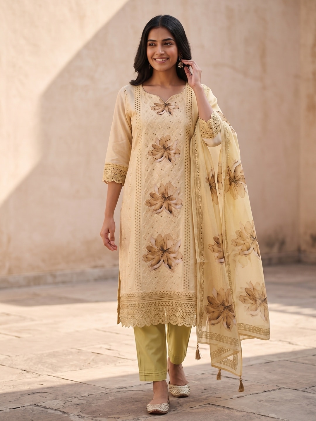 Peachmode Yellow Muslin Blend Schiffli Salwar Suit - Image 2