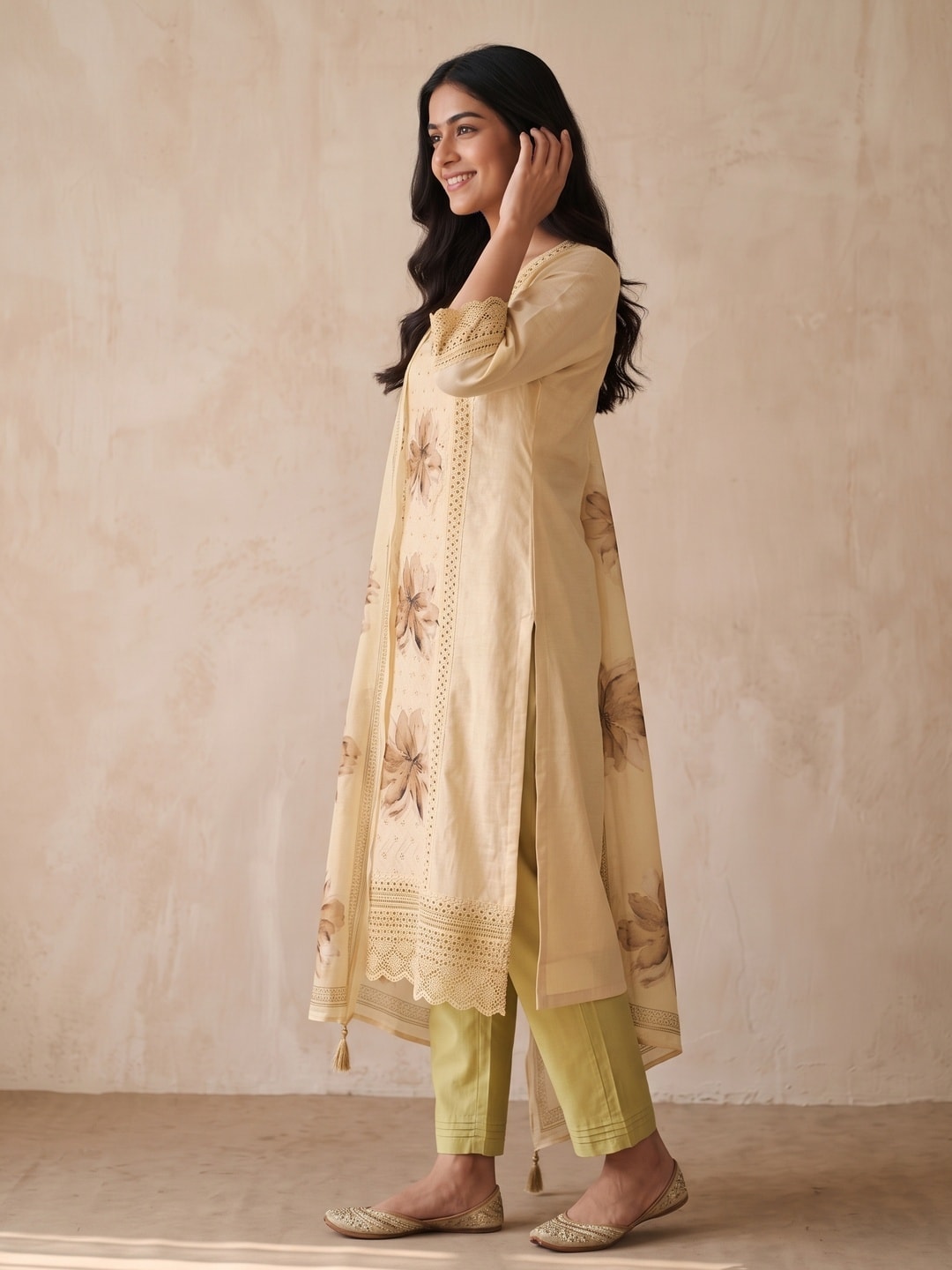 Peachmode Yellow Muslin Blend Schiffli Salwar Suit - Image 3