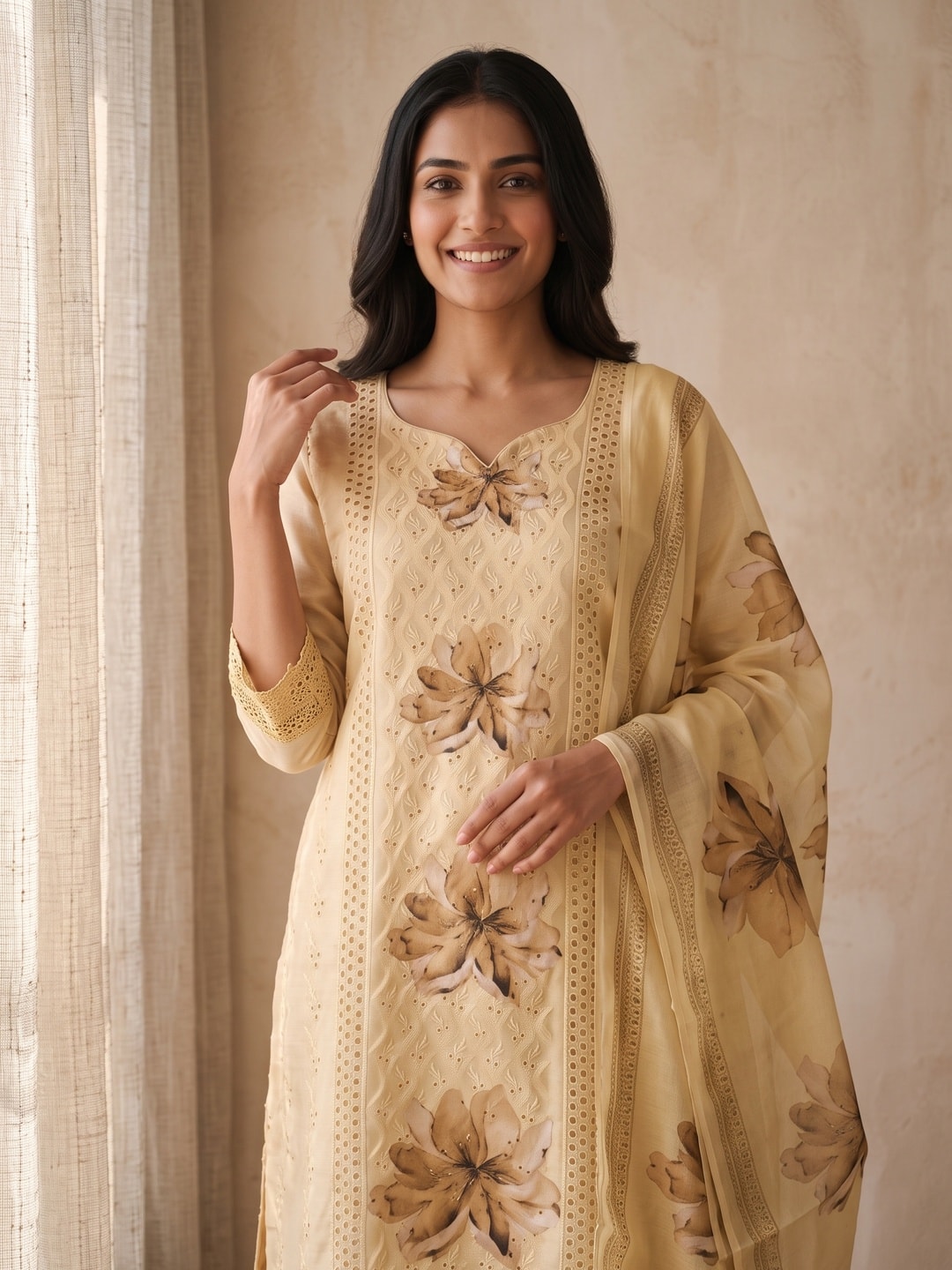 Peachmode Yellow Muslin Blend Schiffli Salwar Suit - Image 4