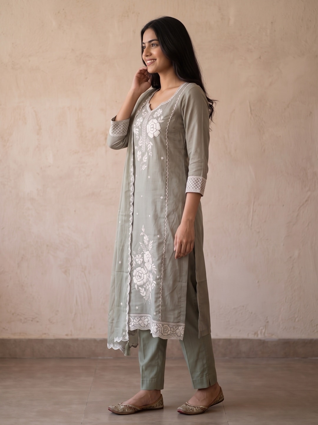 Peachmode Olive Chanderi Silk Blend Heavy Embroidered Salwar Suit - Image 3