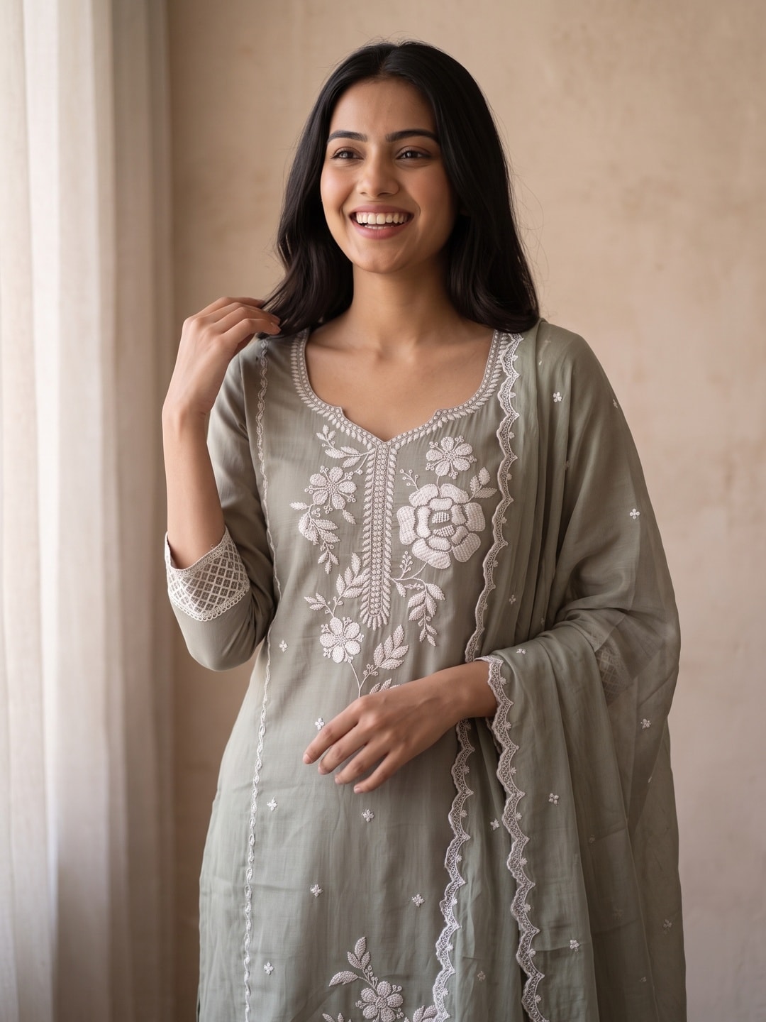 Peachmode Olive Chanderi Silk Blend Heavy Embroidered Salwar Suit - Image 4
