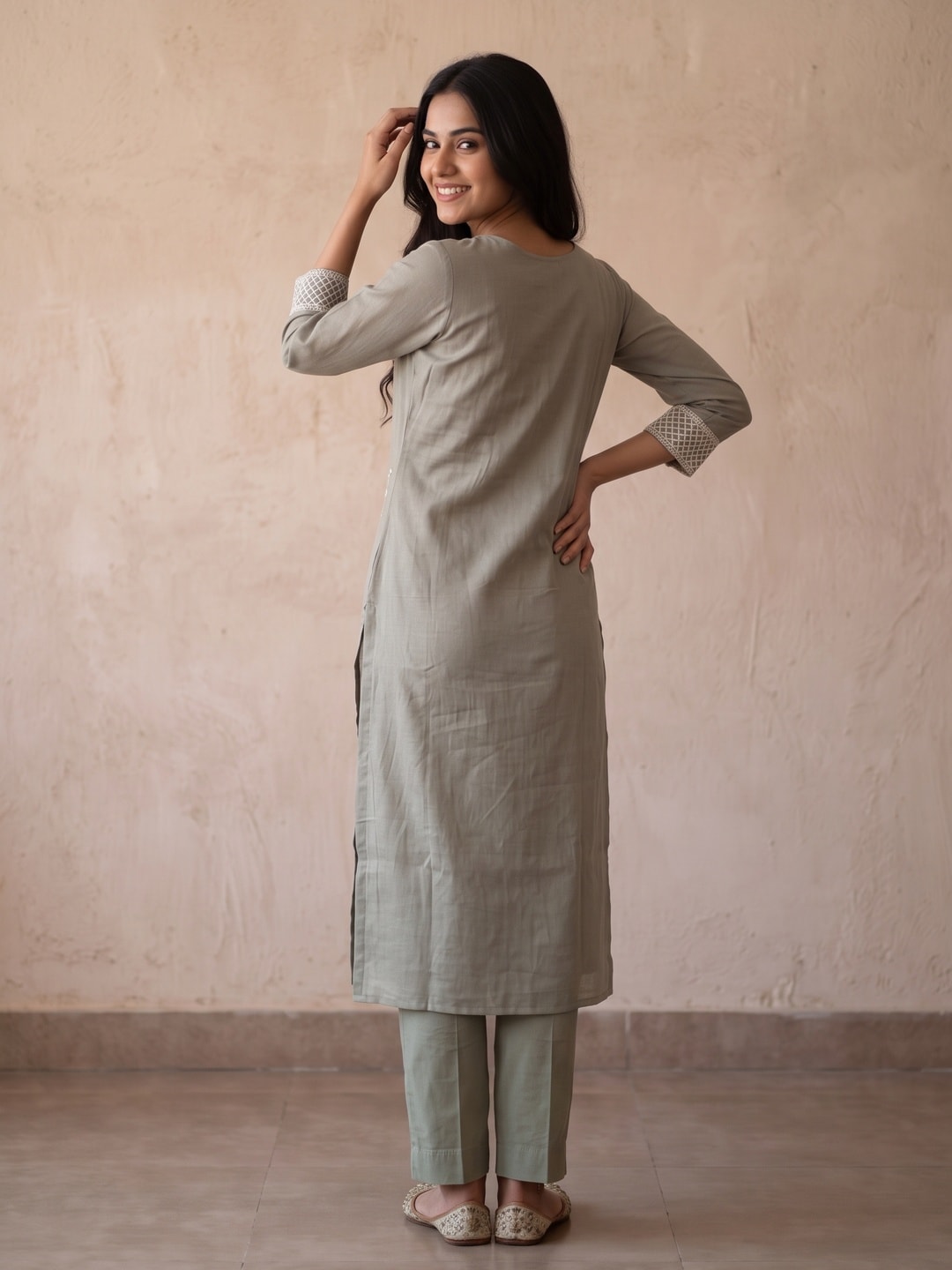Peachmode Olive Chanderi Silk Blend Heavy Embroidered Salwar Suit - Image 5