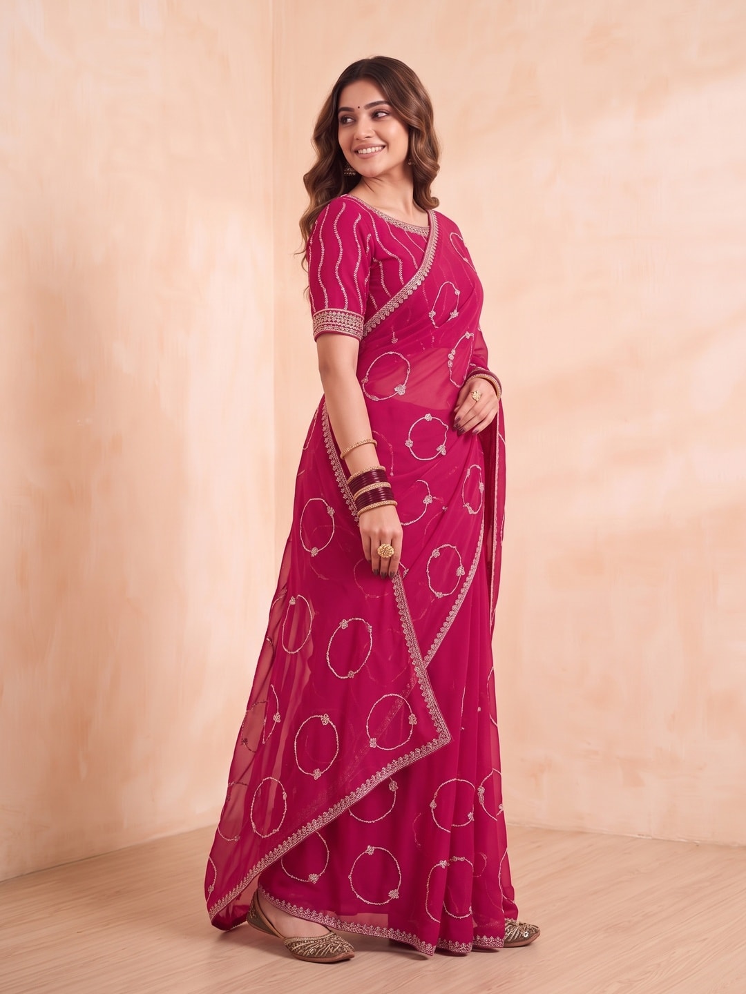 Peachmode Rani Pink Georgette Saree With Circle Thread Embroidery And Embroidered Border - Image 3