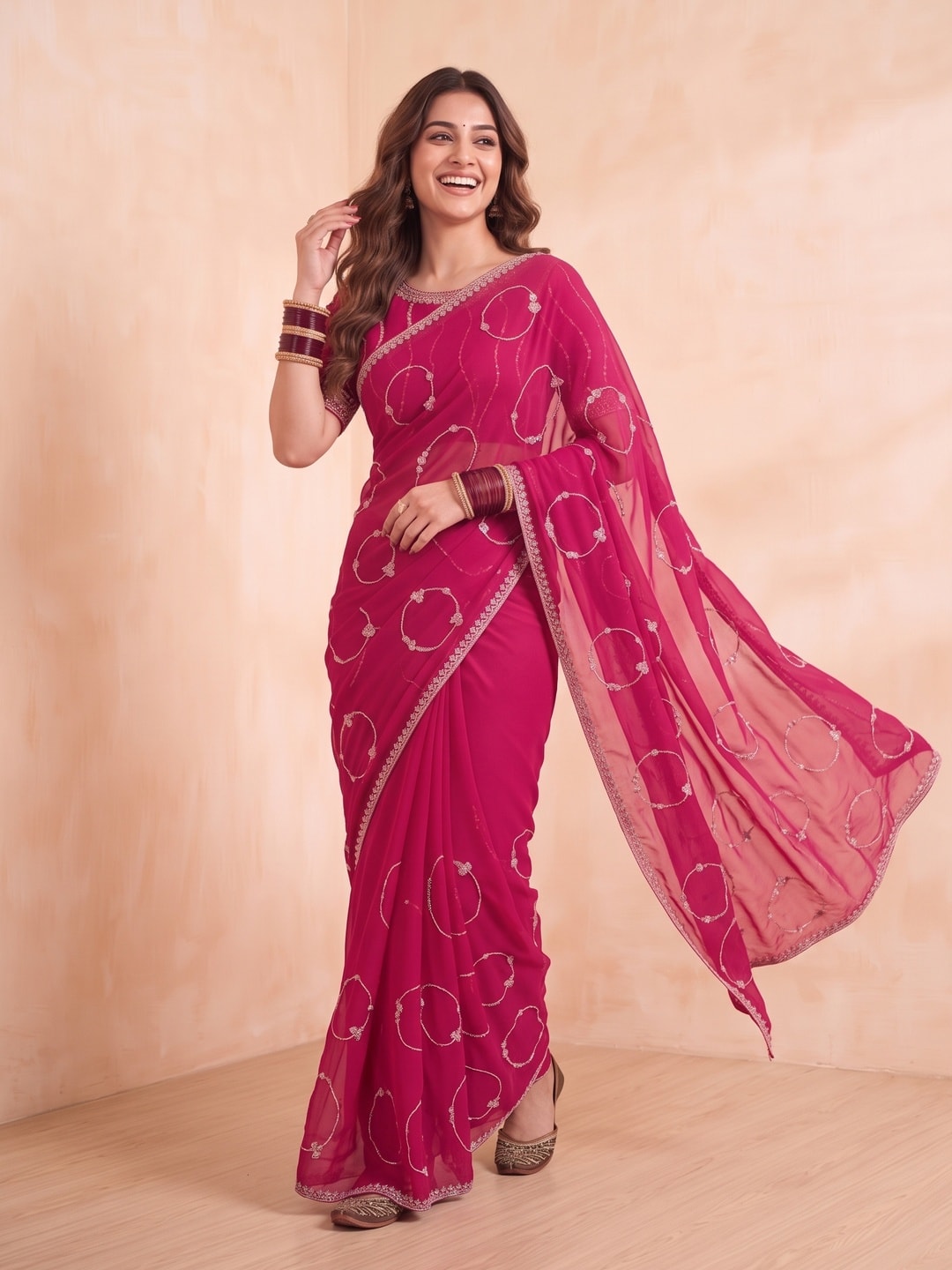Peachmode Rani Pink Georgette Saree With Circle Thread Embroidery And Embroidered Border - Image 4