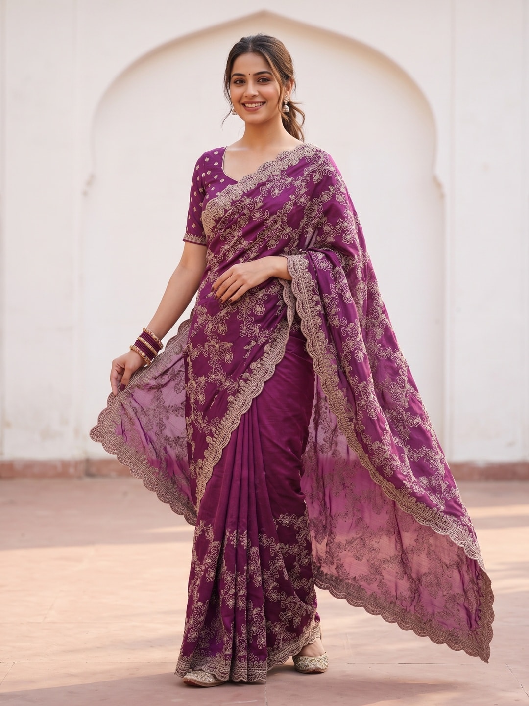 Peachmode Magenta Vichitra Silk Saree With Heavy All-Over Floral Embroidery And Scalloped Border - Image 1