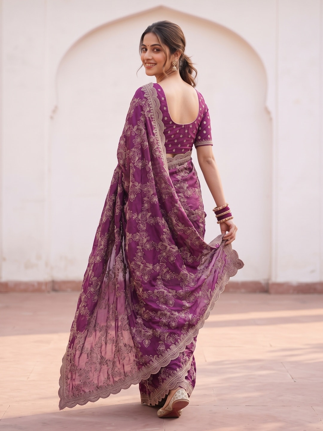 Peachmode Magenta Vichitra Silk Saree With Heavy All-Over Floral Embroidery And Scalloped Border - Image 2