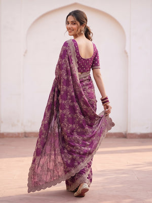 Peachmode Magenta Vichitra Silk Saree With Heavy All-Over Floral Embroidery And Scalloped Border - Image 2