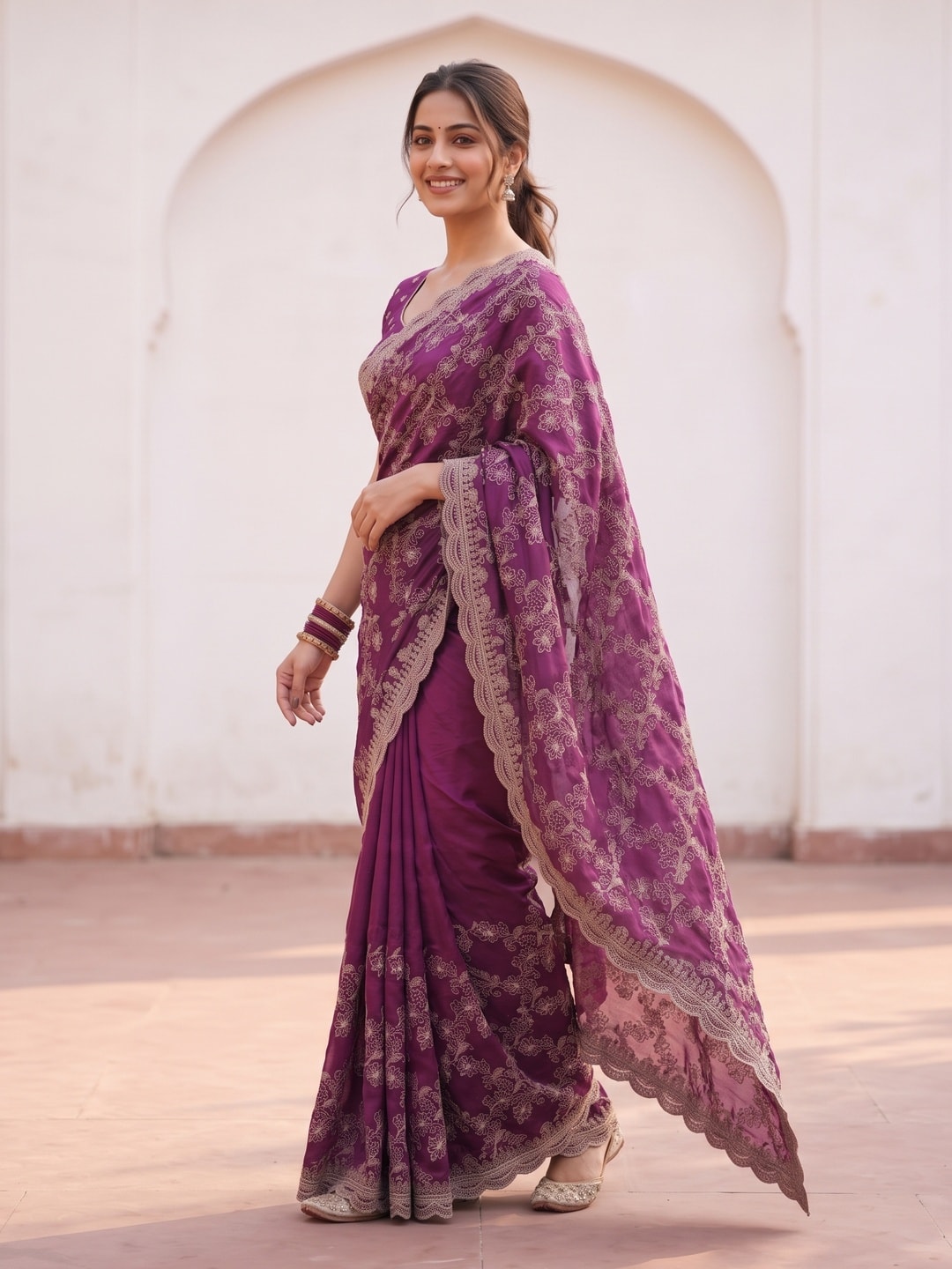 Peachmode Magenta Vichitra Silk Saree With Heavy All-Over Floral Embroidery And Scalloped Border - Image 3