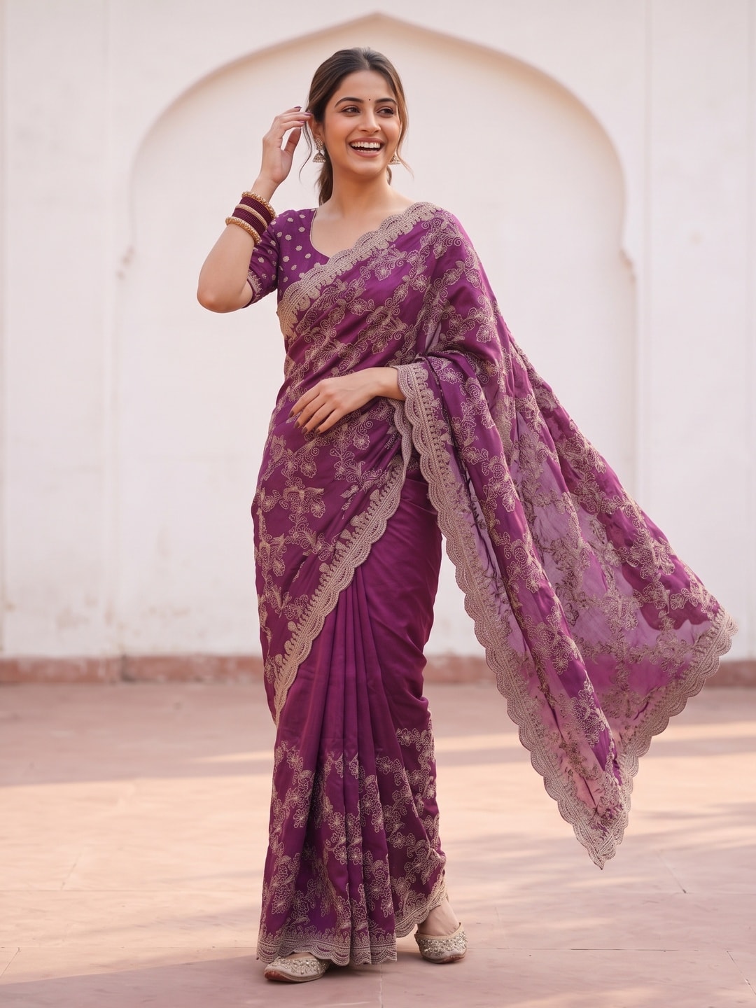 Peachmode Magenta Vichitra Silk Saree With Heavy All-Over Floral Embroidery And Scalloped Border - Image 4