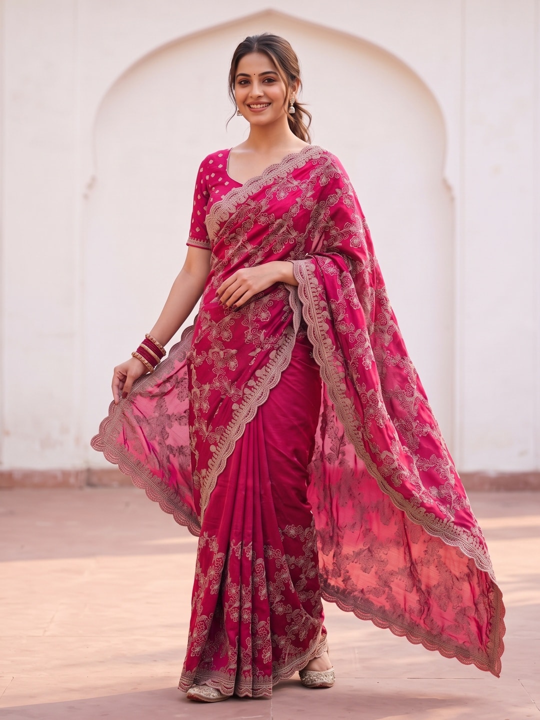 Peachmode Rani Pink Vichitra Silk Saree With Heavy All-Over Floral Embroidery And Scalloped Border - Image 1