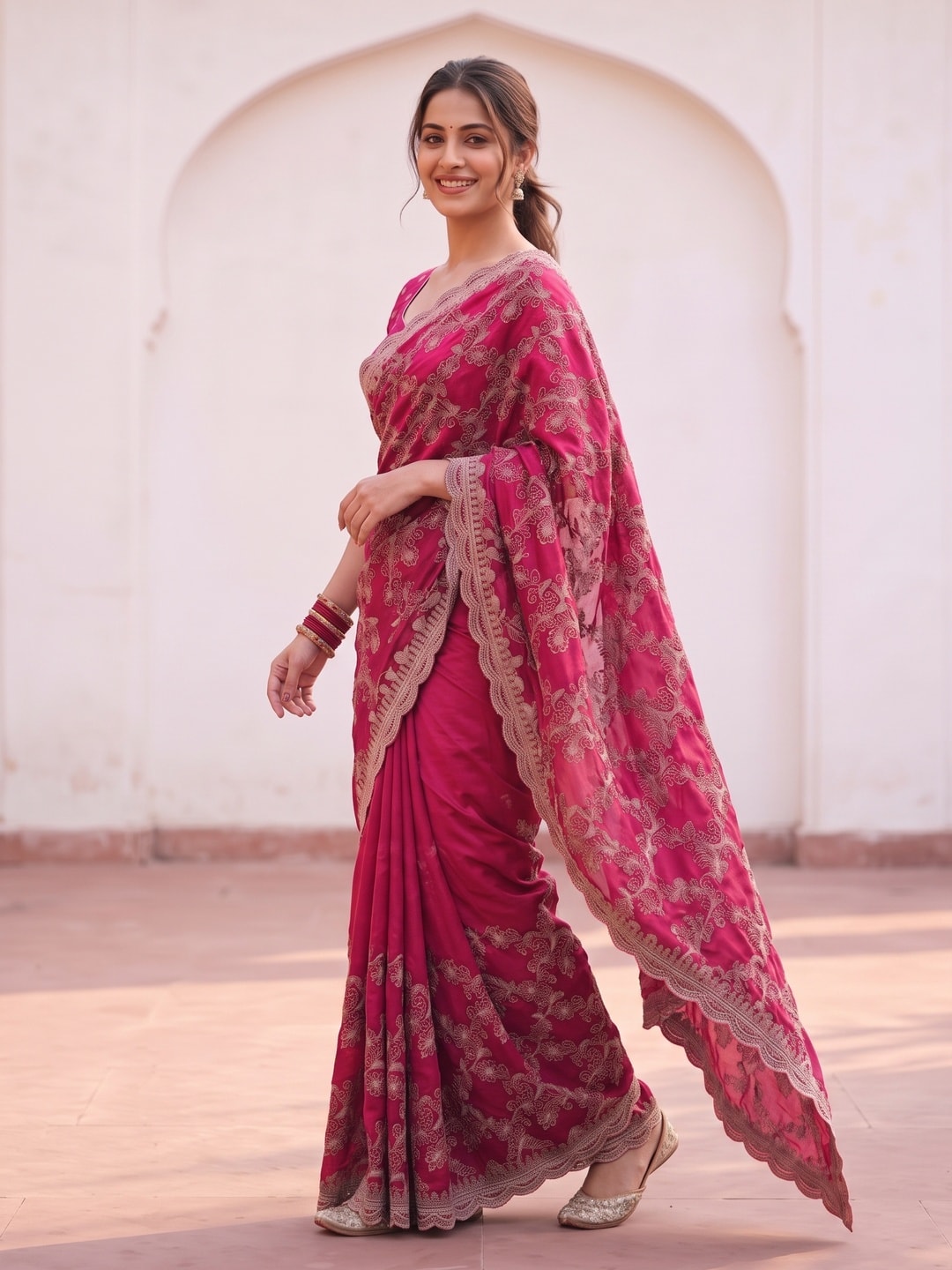 Peachmode Rani Pink Vichitra Silk Saree With Heavy All-Over Floral Embroidery And Scalloped Border - Image 3