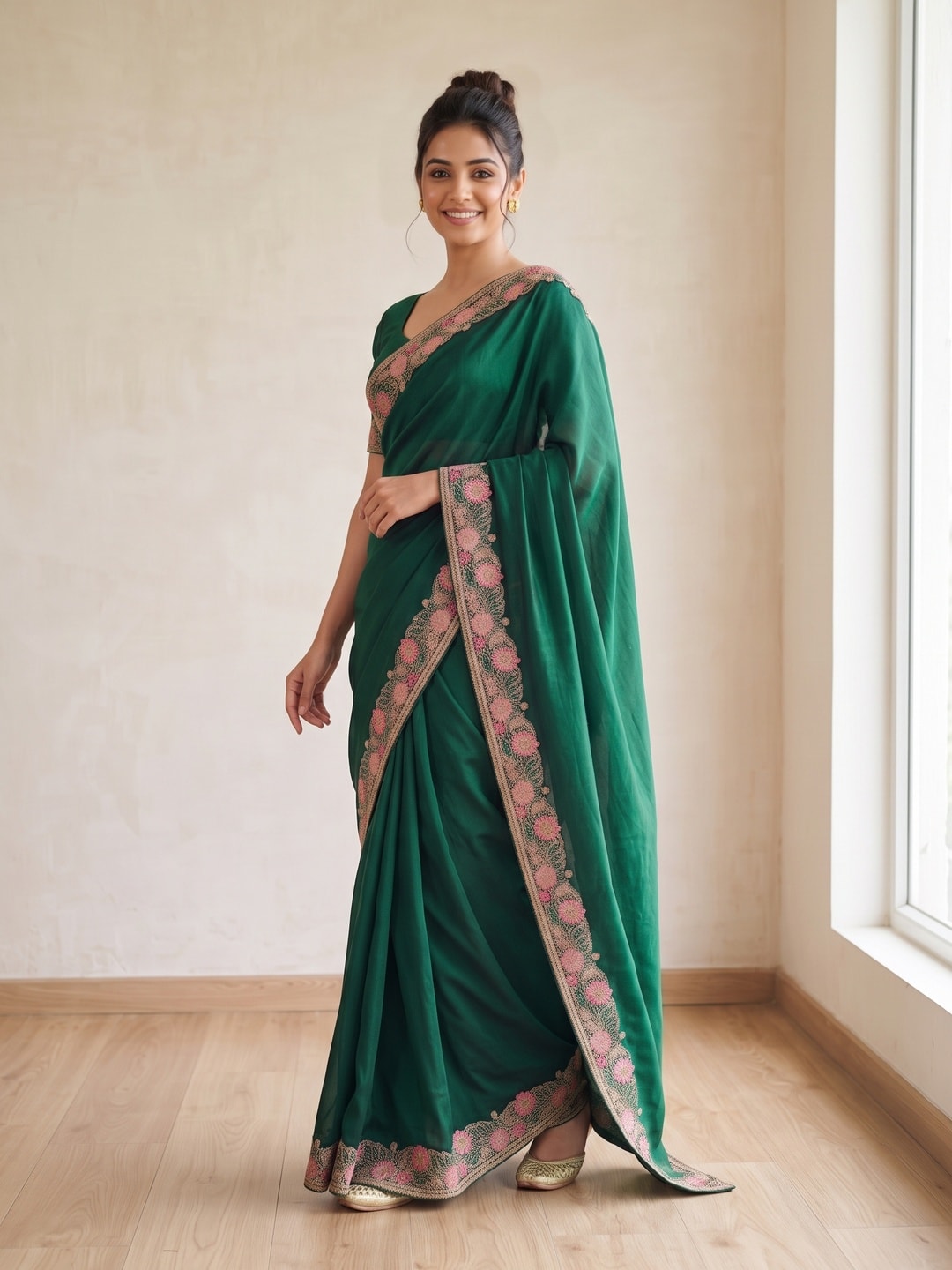 Peachmode Bottle Green Vichitra Silk Saree With Multicolour Floral Embroidered Border - Image 3
