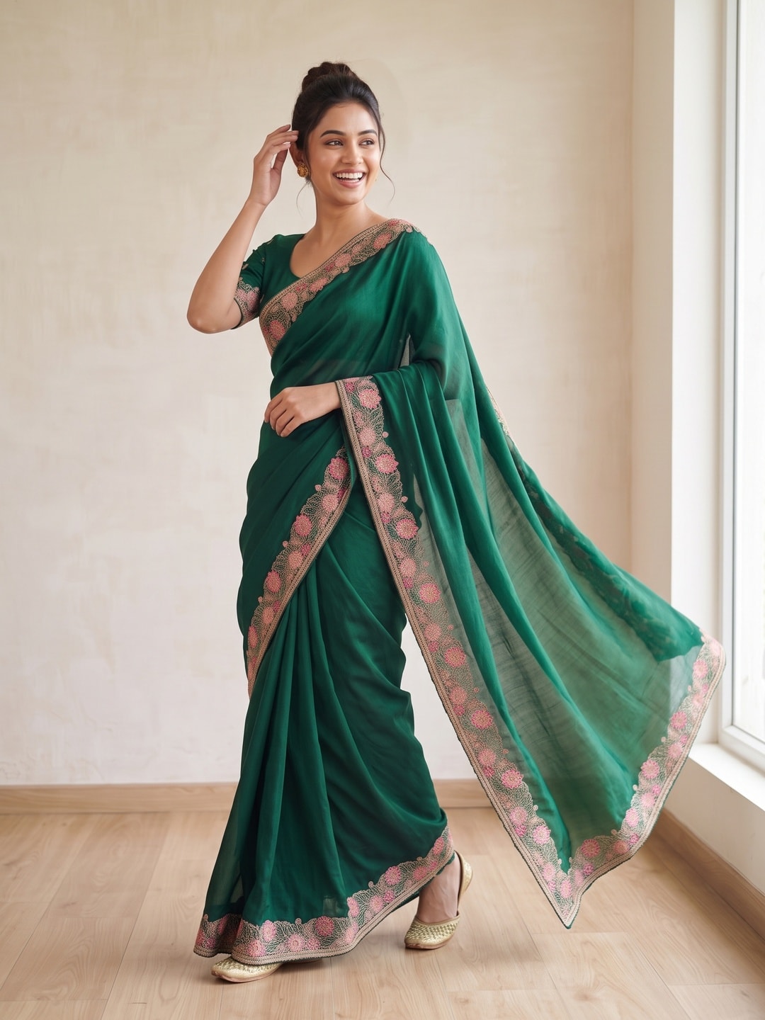 Peachmode Bottle Green Vichitra Silk Saree With Multicolour Floral Embroidered Border - Image 4
