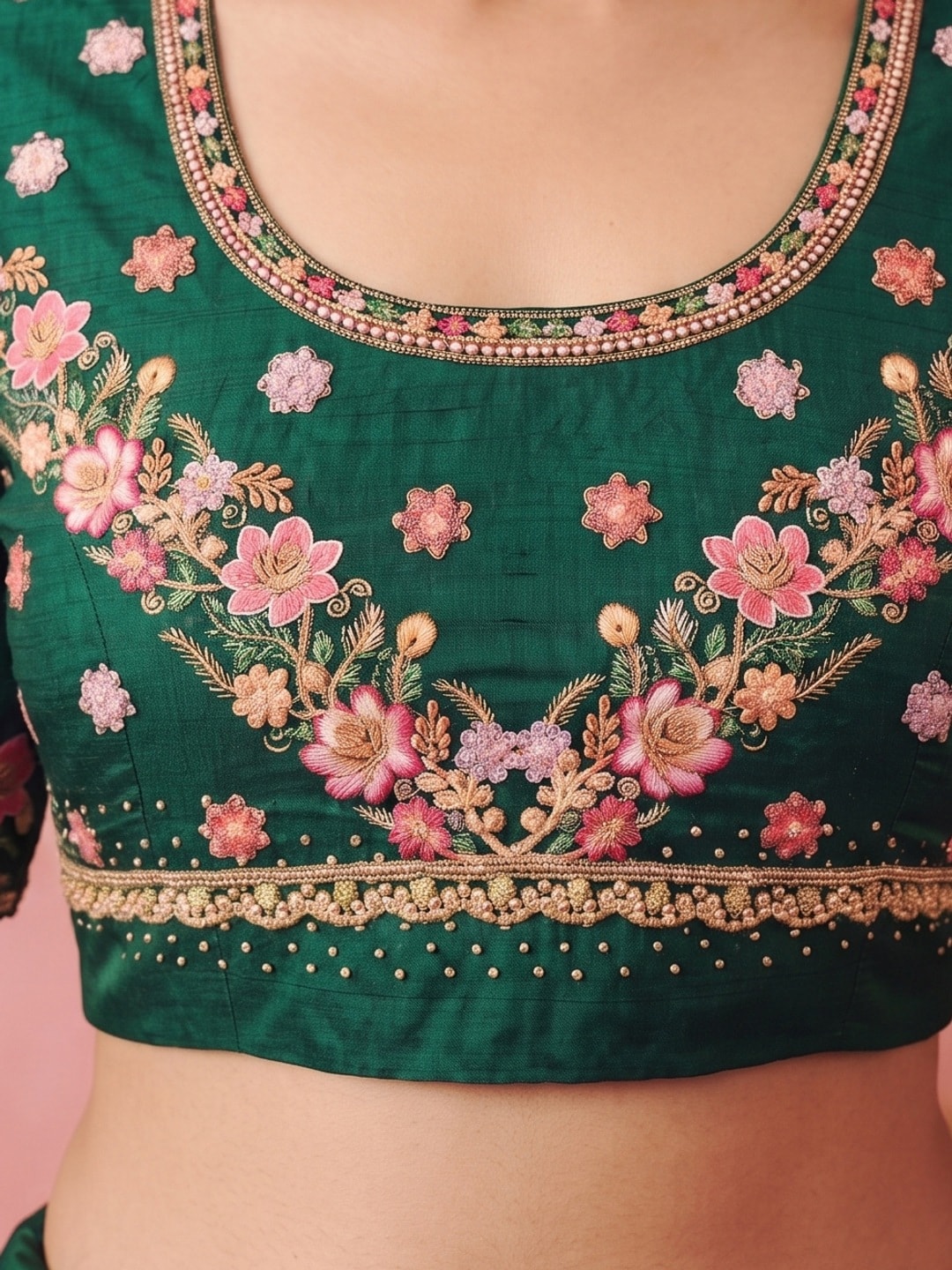 Peachmode Bottle Green Vichitra Silk Saree With Multicolour Floral Embroidered Border - Image 5