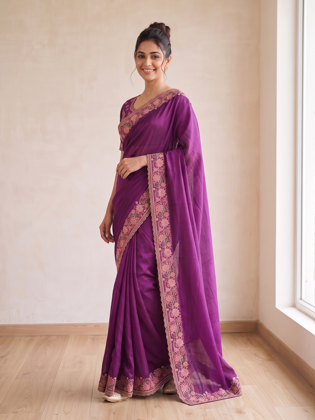 Peachmode Purple Vichitra Silk Saree With Multicolour Floral Embroidered Border - Image 3