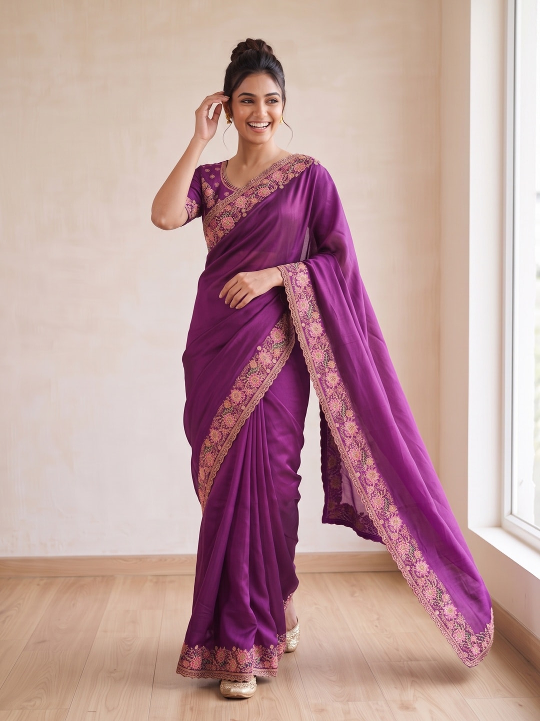 Peachmode Purple Vichitra Silk Saree With Multicolour Floral Embroidered Border - Image 4