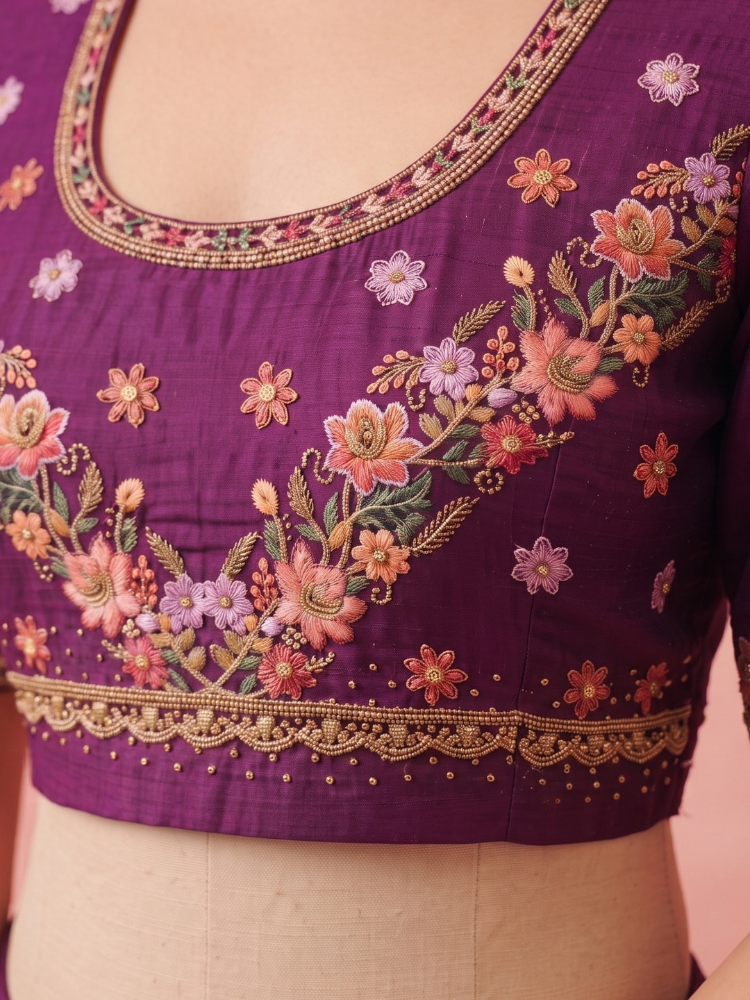 Peachmode Purple Vichitra Silk Saree With Multicolour Floral Embroidered Border - Image 5