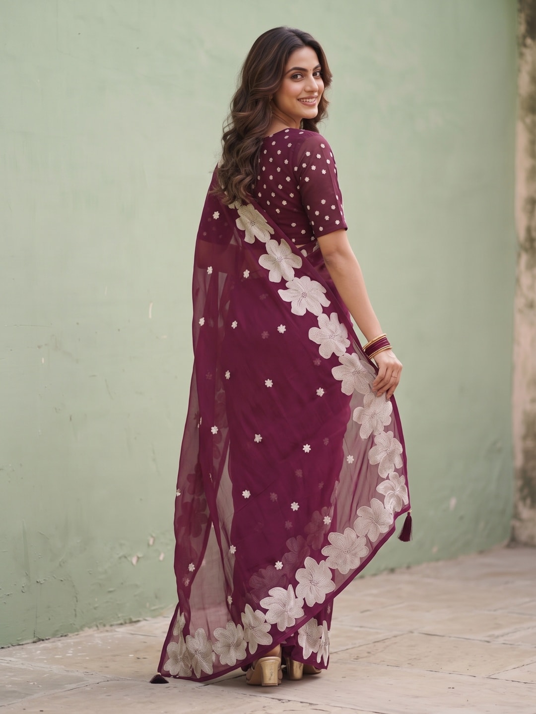 Peachmode Wine Georgette Saree With Applique Floral Border And Sequin Buttis - Image 2