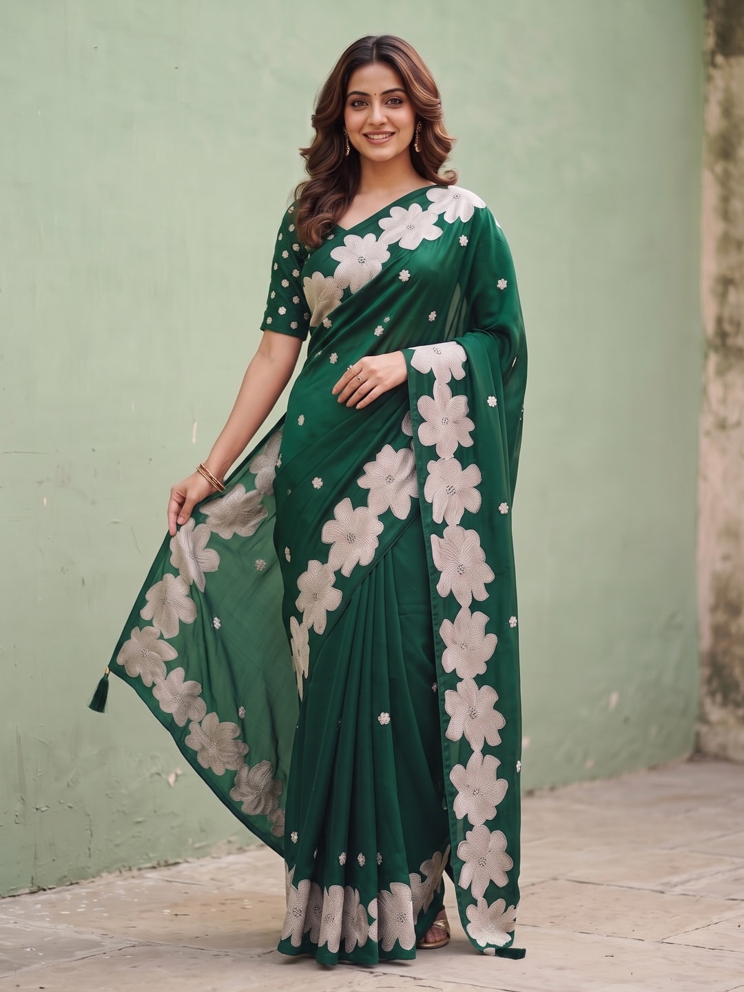 Peachmode Bottle Green Satin Saree With Applique Floral Border And Sequin Buttis - Image 1