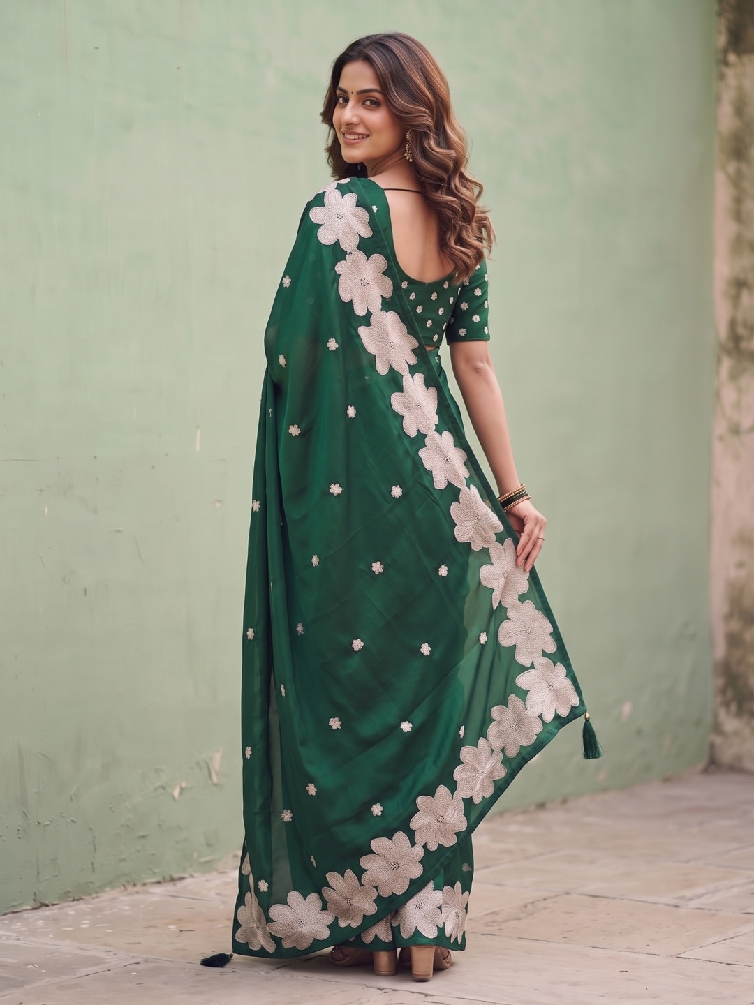 Peachmode Bottle Green Satin Saree With Applique Floral Border And Sequin Buttis - Image 2