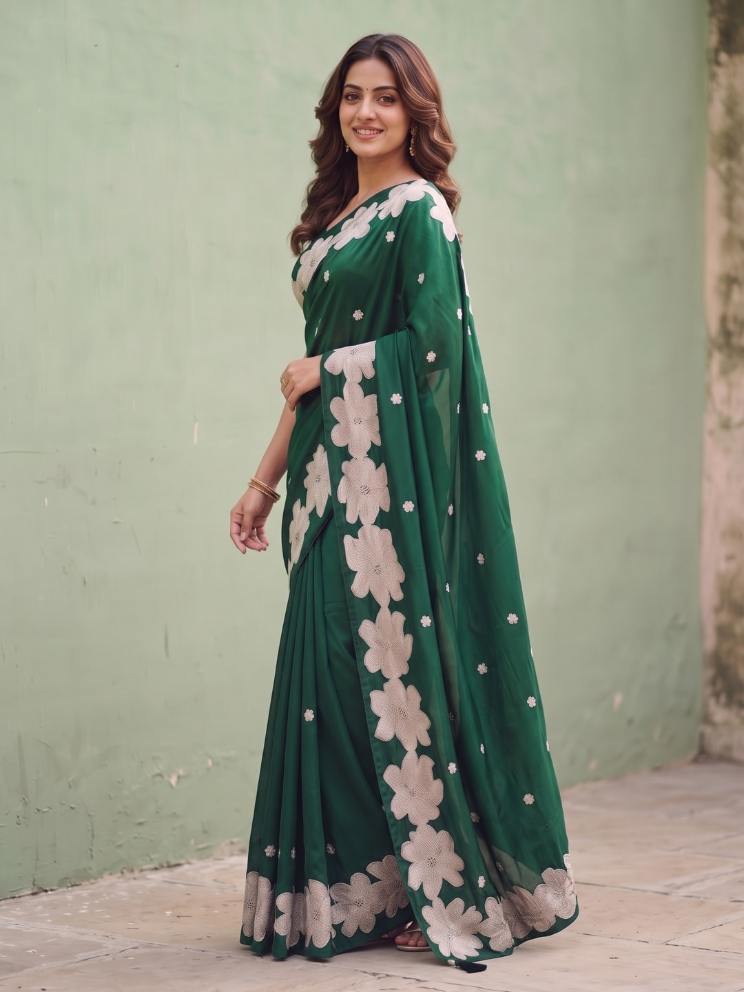 Peachmode Bottle Green Satin Saree With Applique Floral Border And Sequin Buttis - Image 3