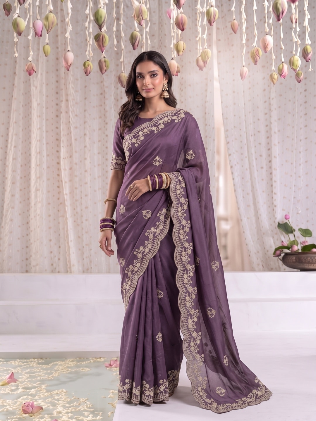 Peachmode Purple Vichitra Silk Saree With Scalloped Zari Floral Embroidery Border - Image 1