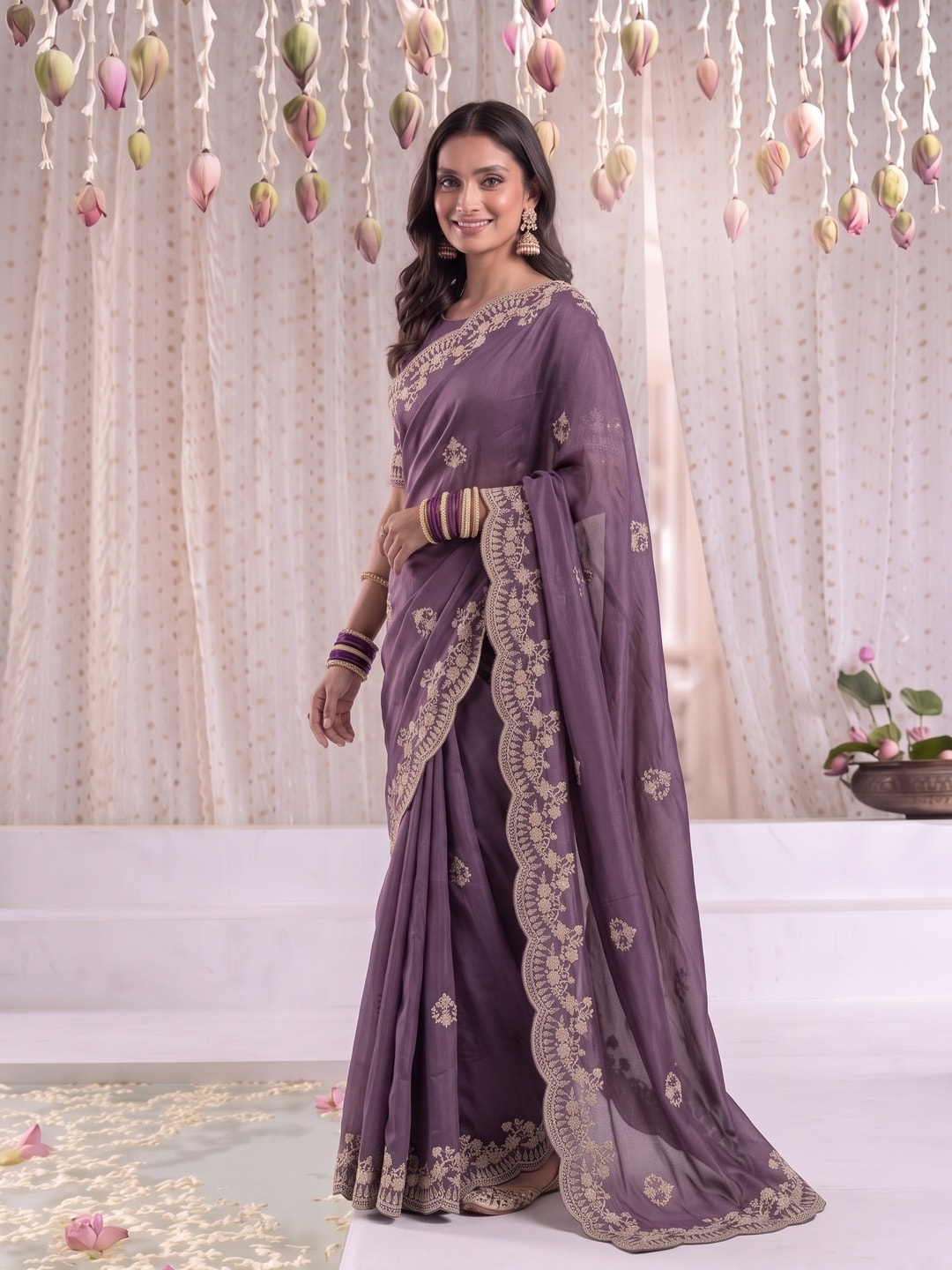 Peachmode Purple Vichitra Silk Saree With Scalloped Zari Floral Embroidery Border - Image 3