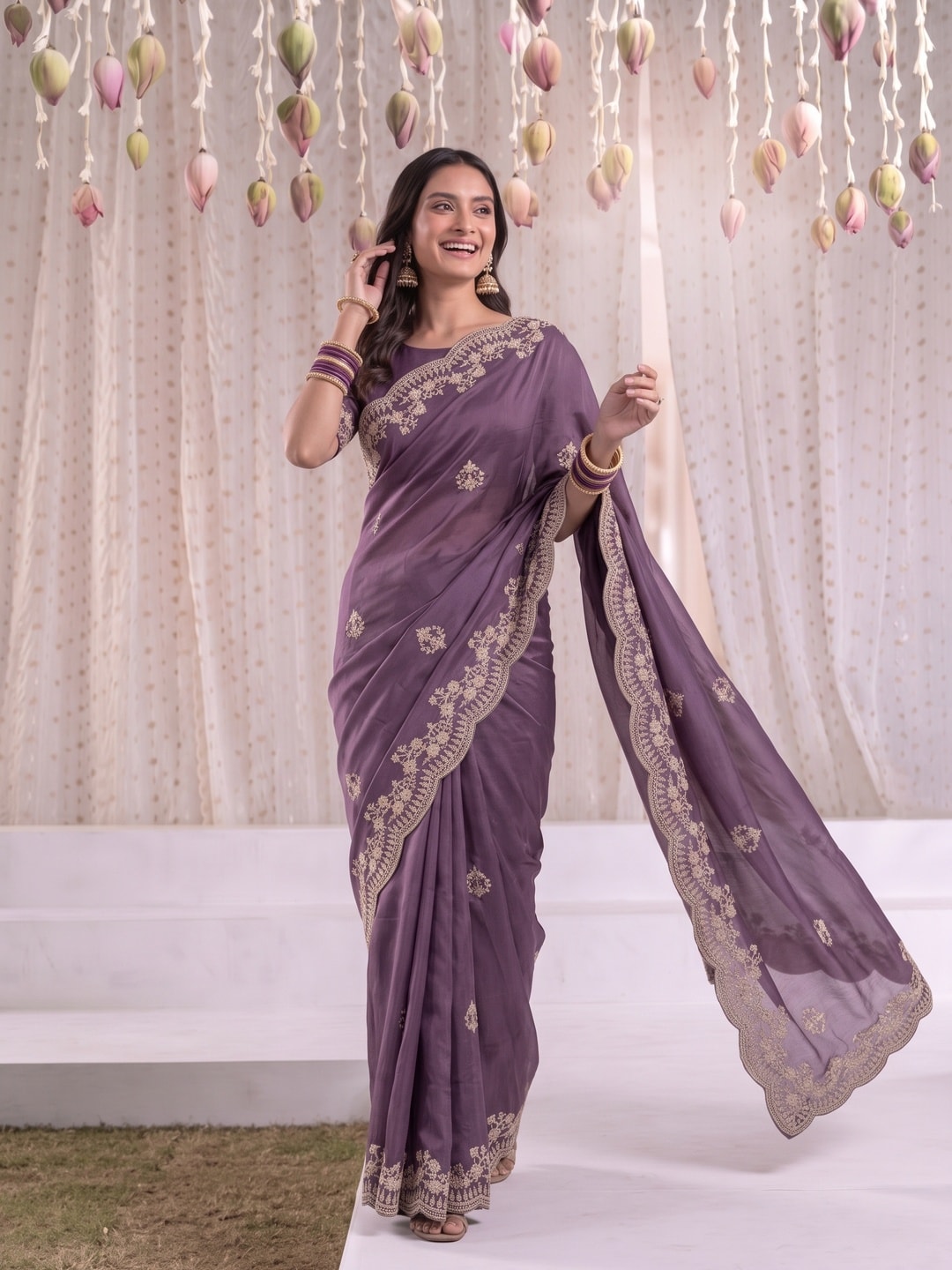 Peachmode Purple Vichitra Silk Saree With Scalloped Zari Floral Embroidery Border - Image 4
