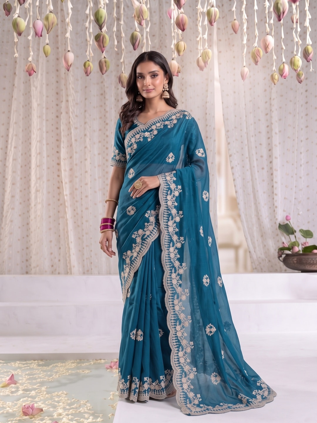 Peachmode Teal Blue Vichitra Silk Saree With Scalloped Zari Floral Embroidery Border - Image 1