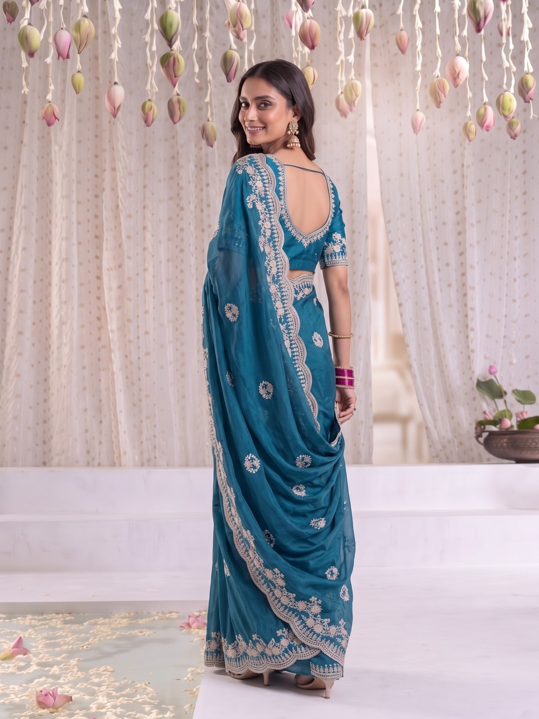 Peachmode Teal Blue Vichitra Silk Saree With Scalloped Zari Floral Embroidery Border - Image 2