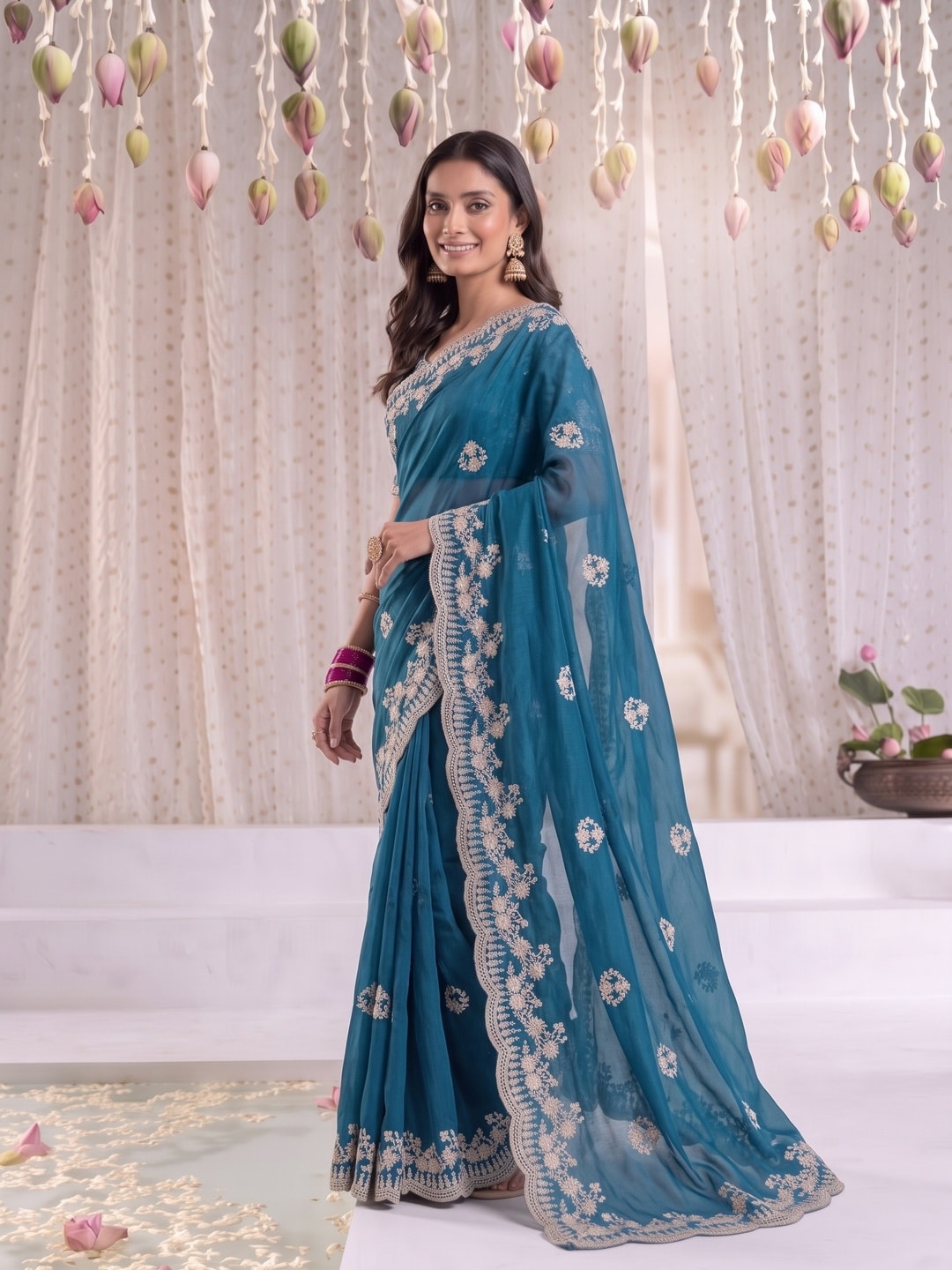 Peachmode Teal Blue Vichitra Silk Saree With Scalloped Zari Floral Embroidery Border - Image 3