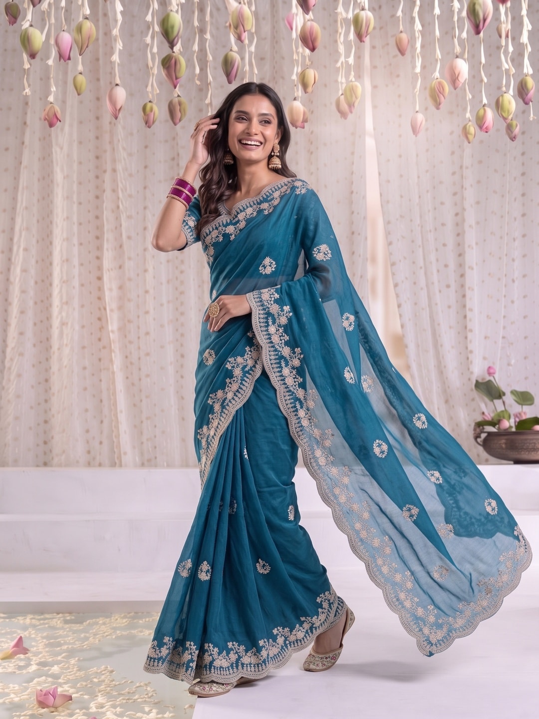 Peachmode Teal Blue Vichitra Silk Saree With Scalloped Zari Floral Embroidery Border - Image 4