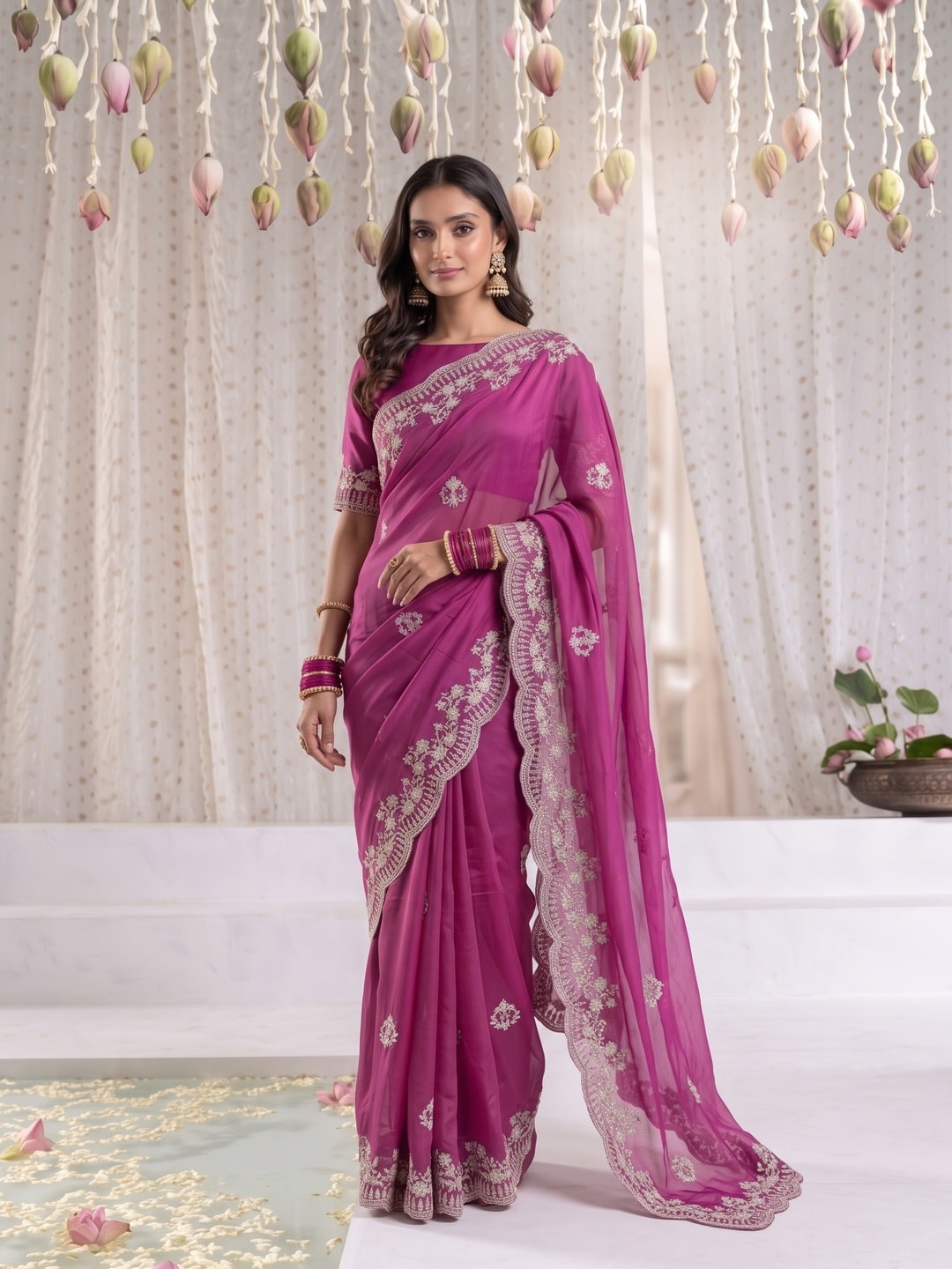 Peachmode Magenta Vichitra Silk Saree With Scalloped Zari Floral Embroidery Border - Image 1