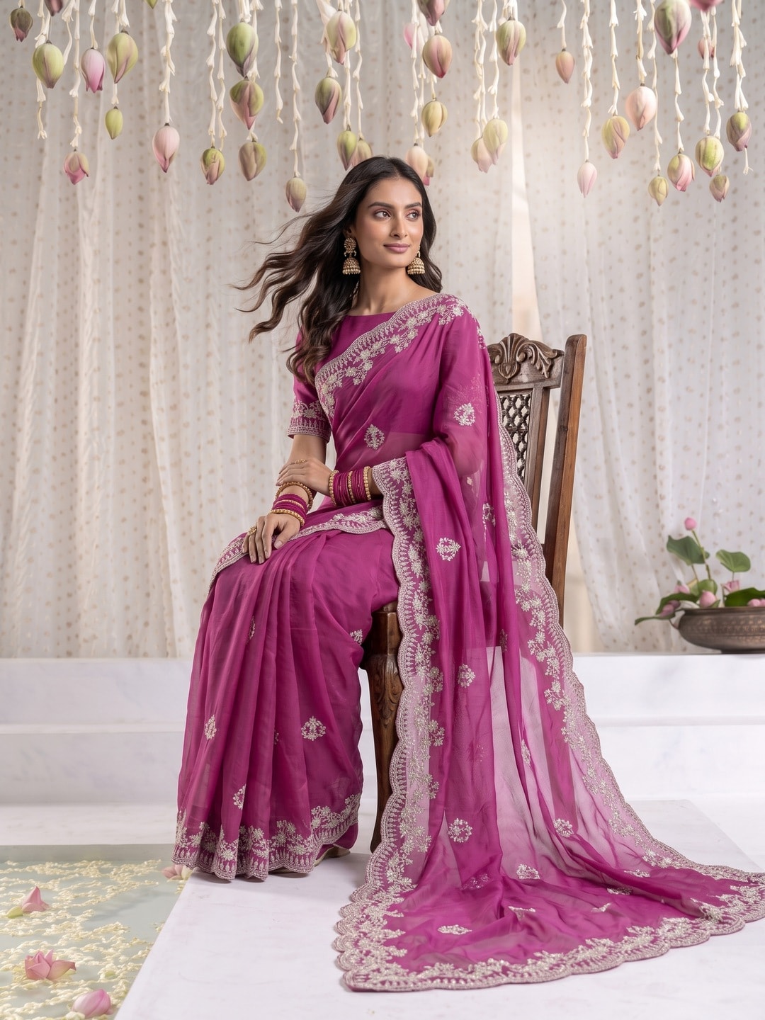 Peachmode Magenta Vichitra Silk Saree With Scalloped Zari Floral Embroidery Border - Image 4