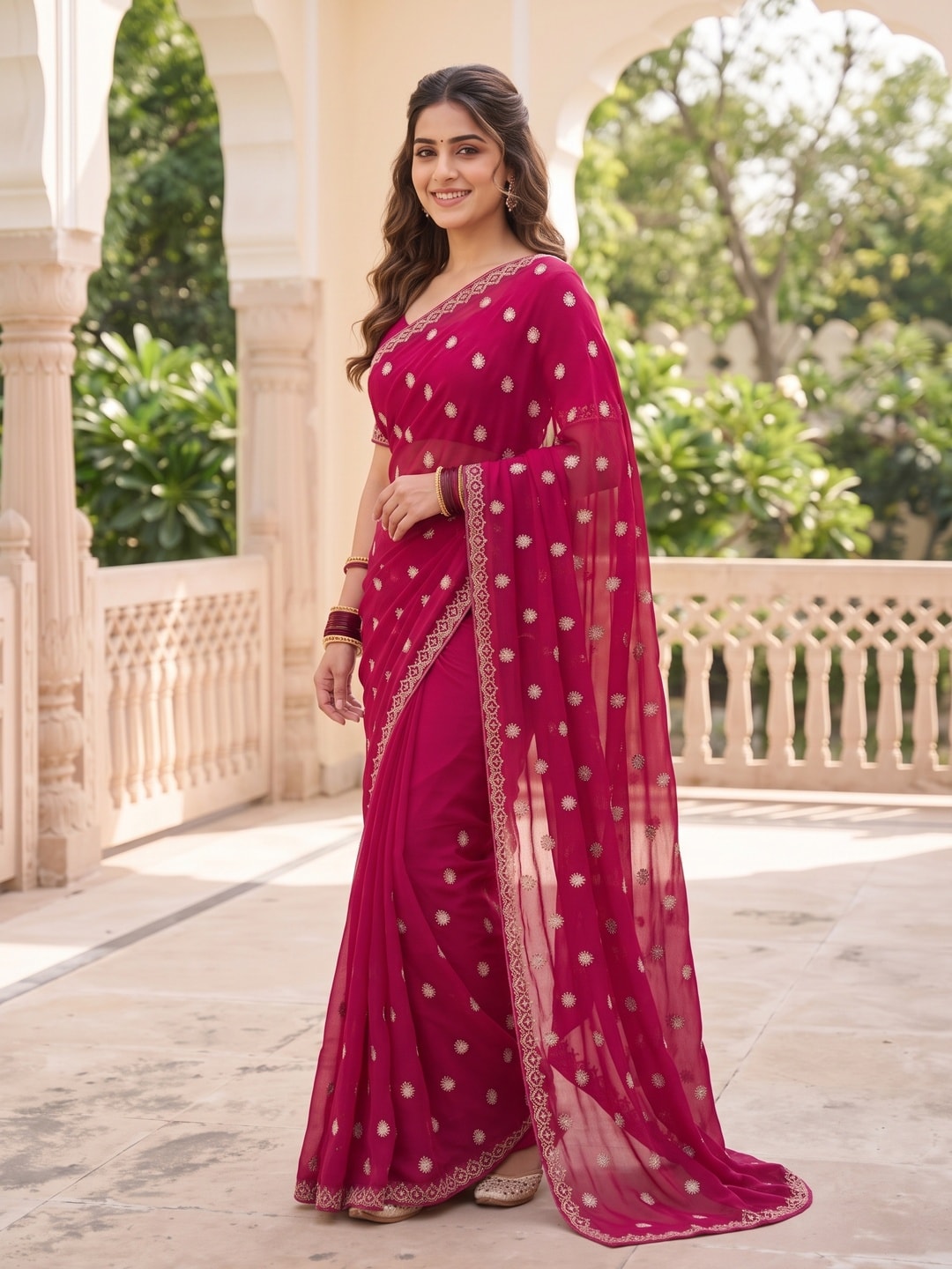 Peachmode Rani Pink Chiffon Saree With Sequin Buttis And Embroidered Border - Image 3
