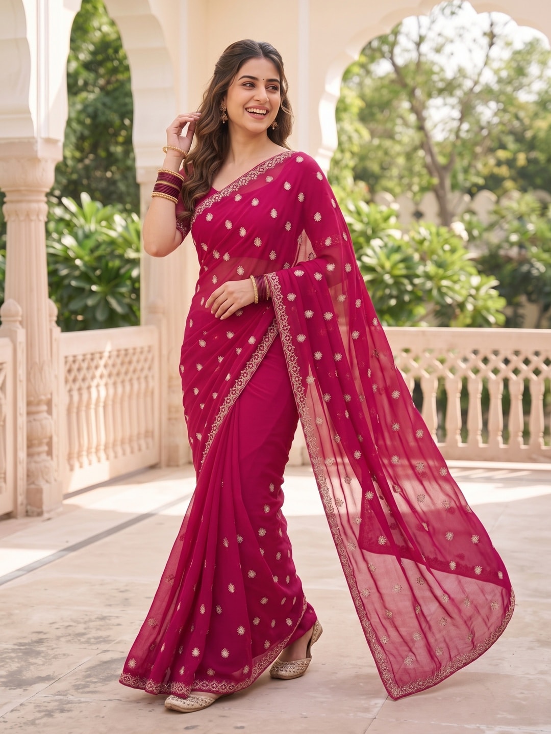 Peachmode Rani Pink Chiffon Saree With Sequin Buttis And Embroidered Border - Image 4