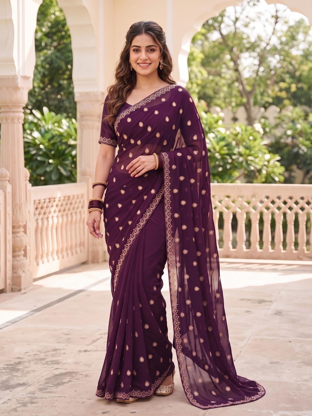 Peachmode Wine Georgette Saree With Embroidered Buttis And Border - Image 1