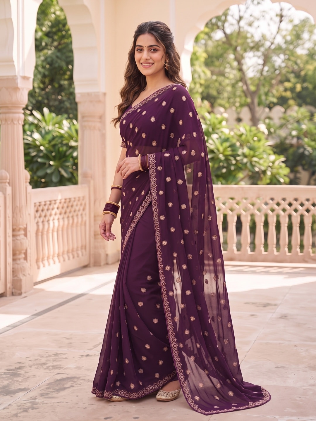 Peachmode Wine Georgette Saree With Embroidered Buttis And Border - Image 3