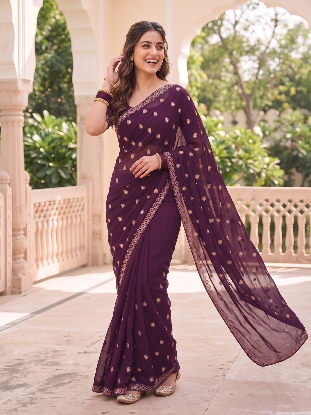 Peachmode Wine Georgette Saree With Embroidered Buttis And Border - Image 4