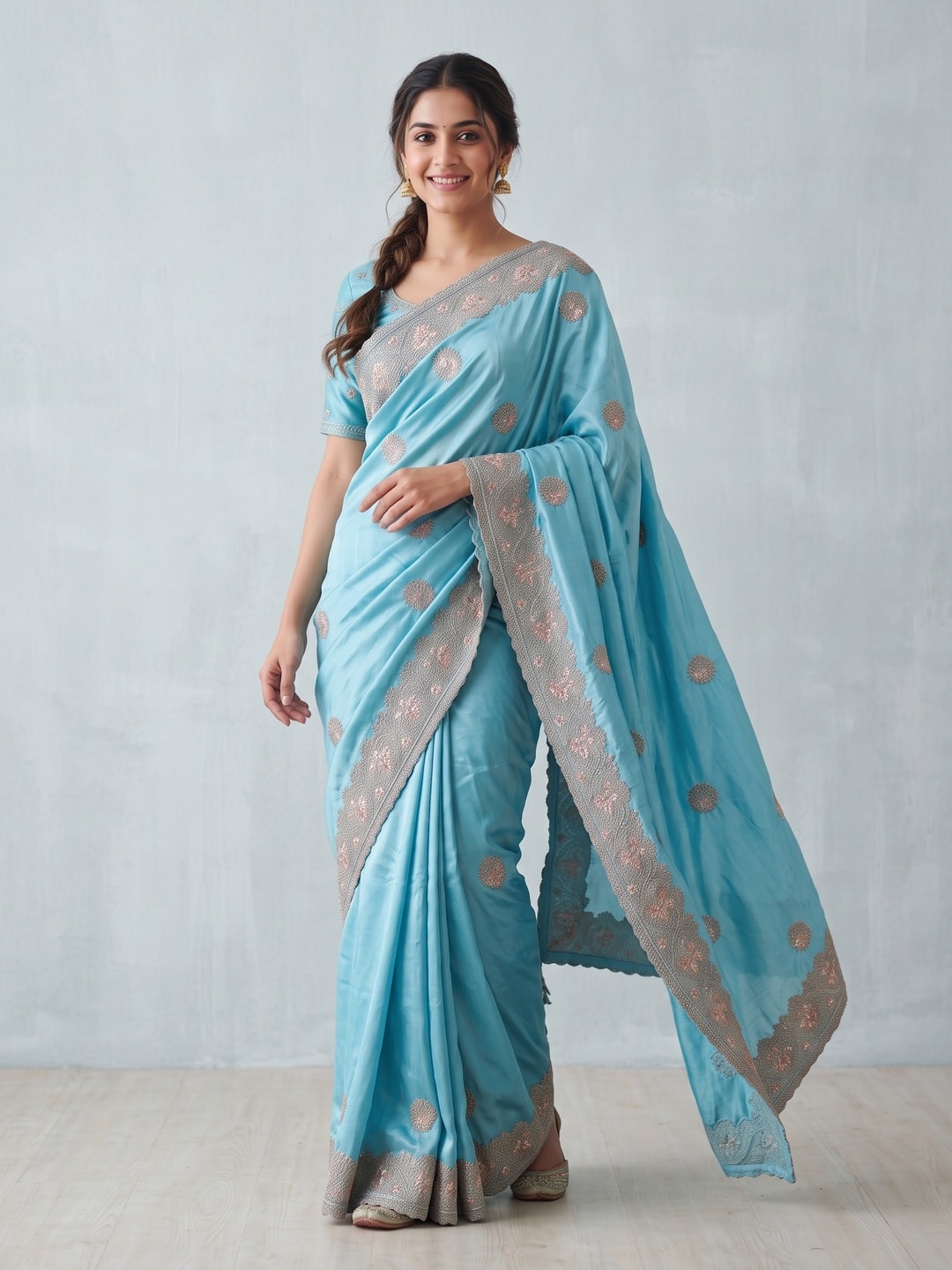 Peachmode Sky Blue Satin Saree With Embroidered Floral Buttis And Border - Image 1
