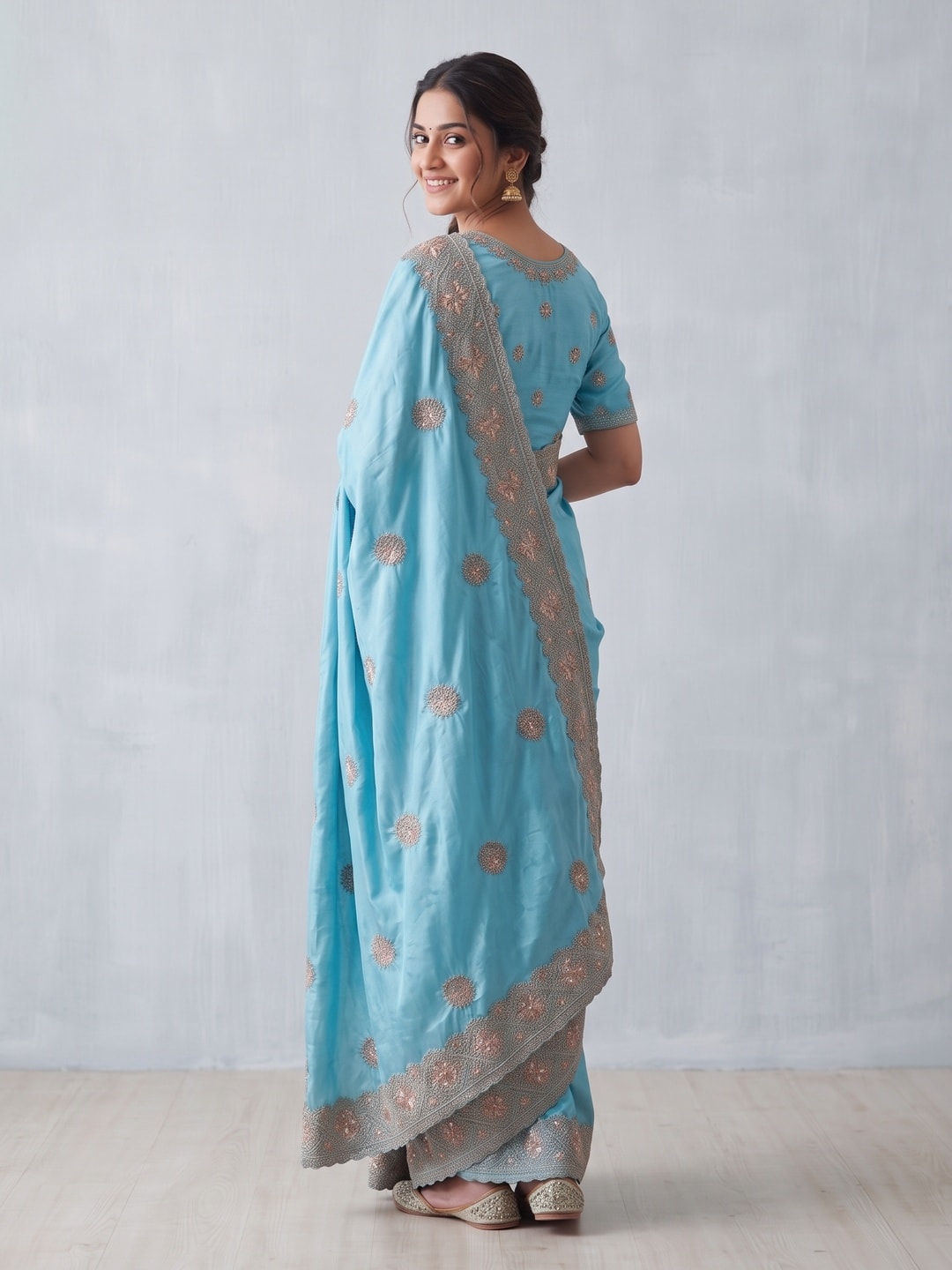 Peachmode Sky Blue Satin Saree With Embroidered Floral Buttis And Border - Image 2