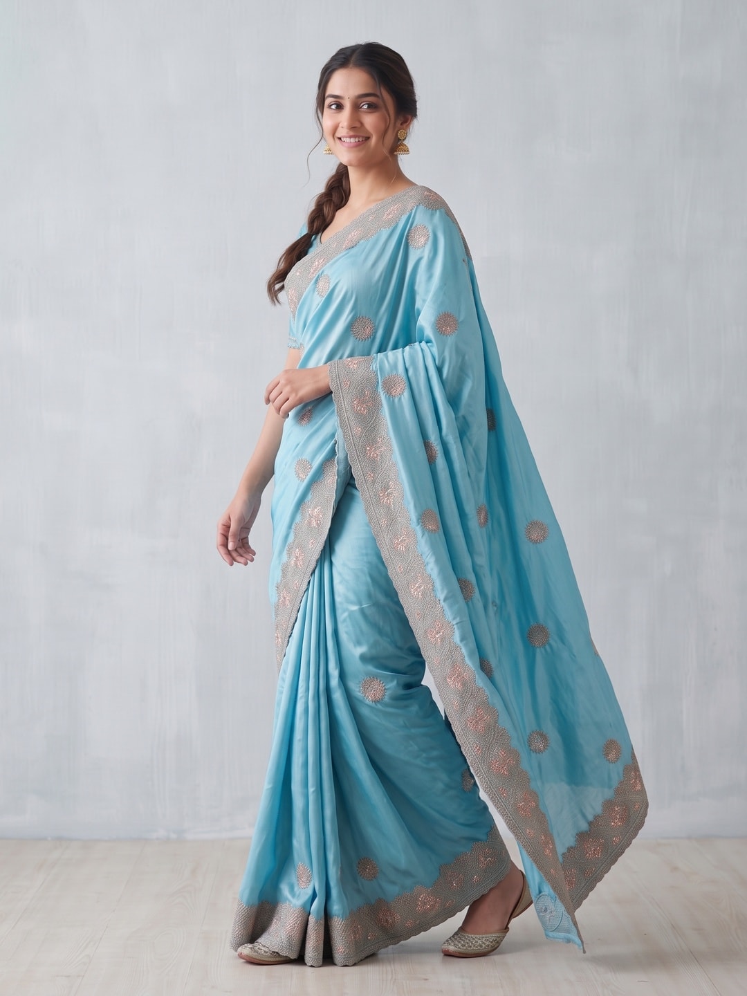 Peachmode Sky Blue Satin Saree With Embroidered Floral Buttis And Border - Image 3