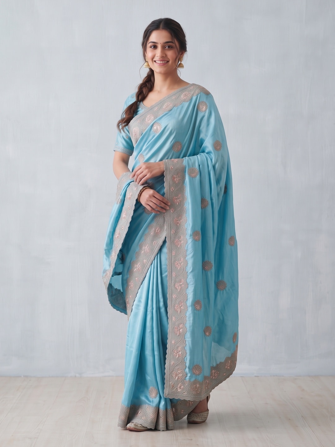 Peachmode Sky Blue Satin Saree With Embroidered Floral Buttis And Border - Image 4