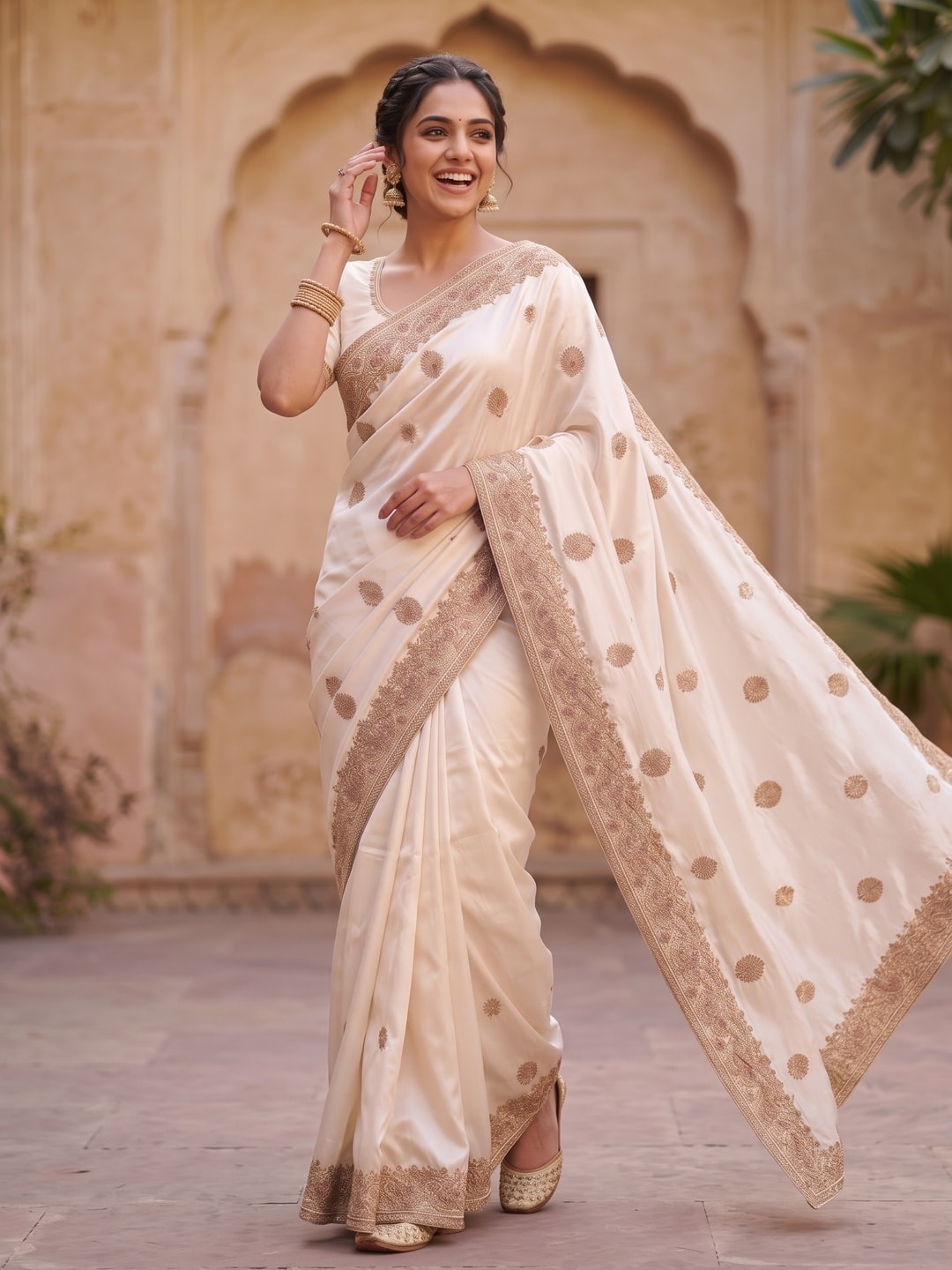 Peachmode Off White Satin Saree With Zardozi Hand Embroidery Border And Buttis - Image 4