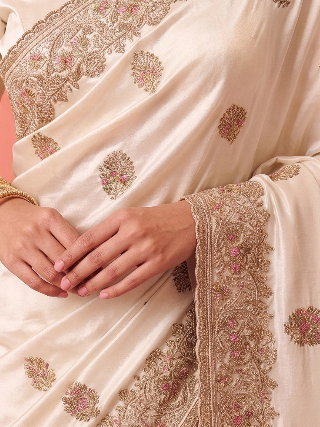 Peachmode Off White Satin Saree With Zardozi Hand Embroidery Border And Buttis - Image 5