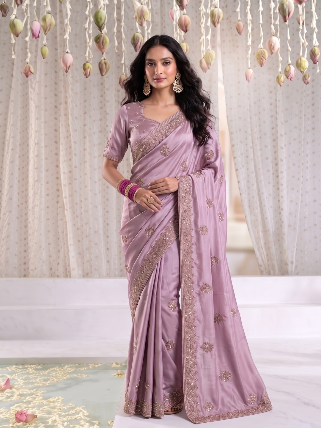 Peachmode Mauve Satin Saree With Embroidered Floral Border And Buttis - Image 1