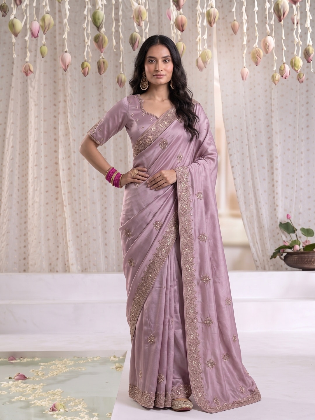 Peachmode Mauve Satin Saree With Embroidered Floral Border And Buttis - Image 3