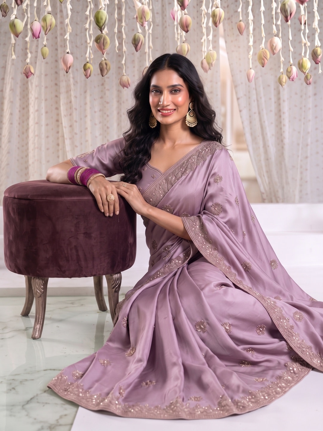 Peachmode Mauve Satin Saree With Embroidered Floral Border And Buttis - Image 4