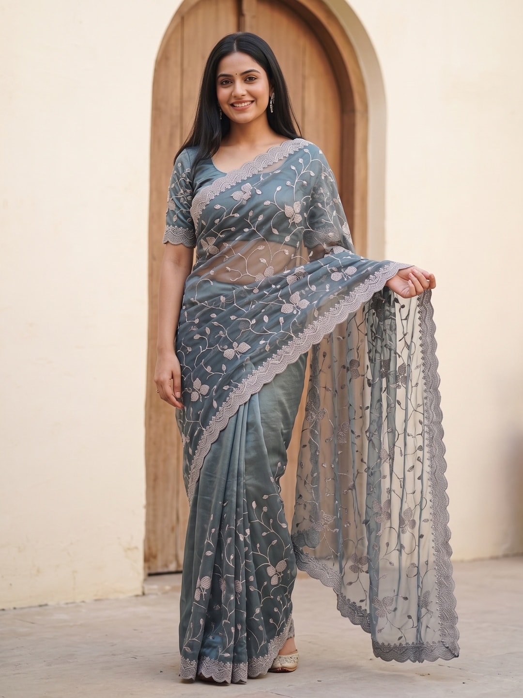 Peachmode Grey Net Saree With All-Over Floral Thread Embroidery - Image 1