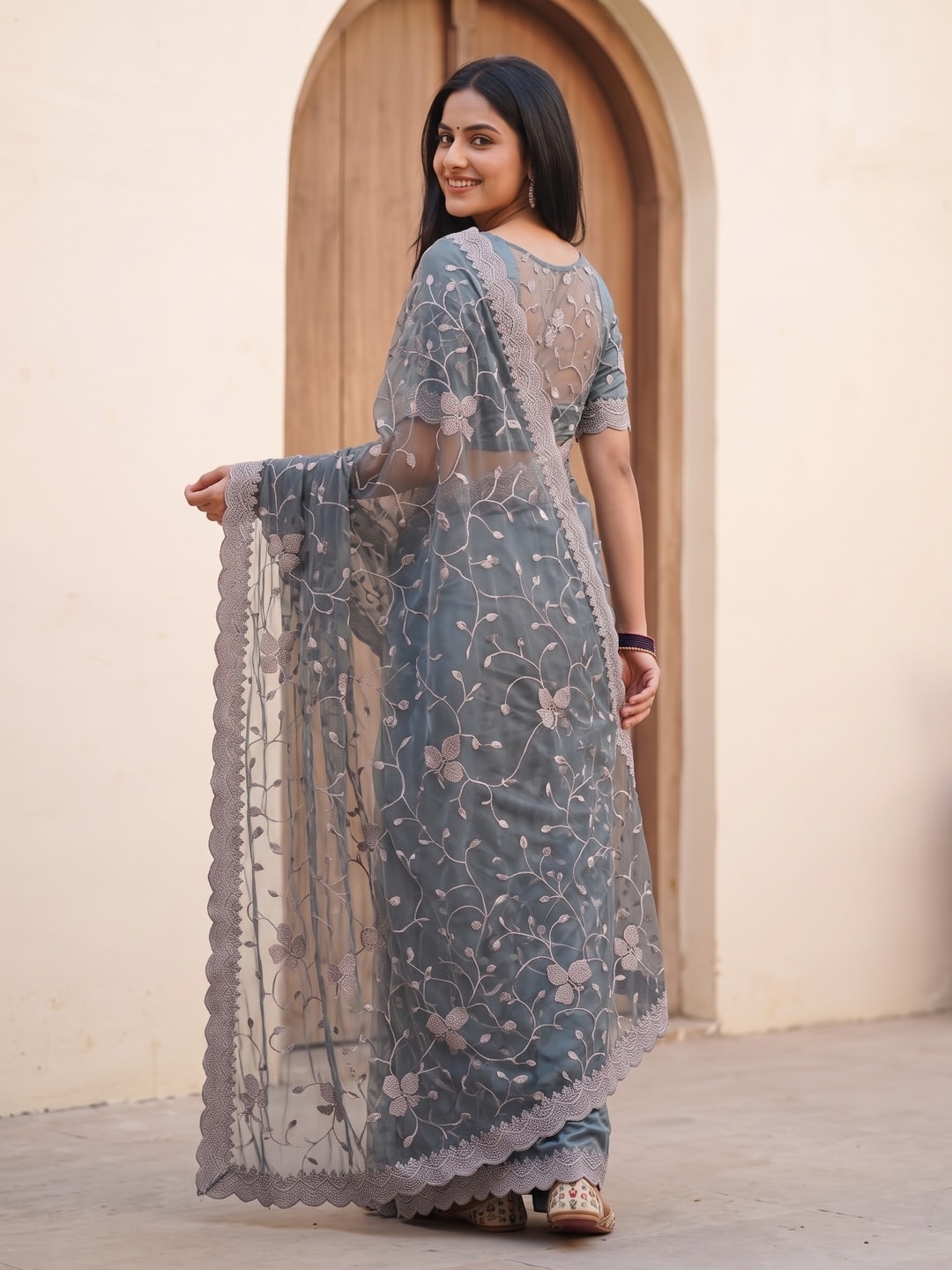 Peachmode Grey Net Saree With All-Over Floral Thread Embroidery - Image 2